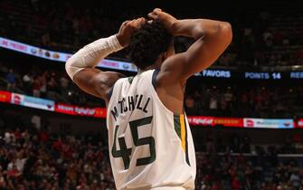 NEW ORLEANS, LA - JANUARY 16: Donovan Mitchell #45 of the Utah Jazz looks on during the game against the New Orleans Pelicans on January 16, 2020 at the Smoothie King Center in New Orleans, Louisiana. NOTE TO USER: User expressly acknowledges and agrees that, by downloading and or using this Photograph, user is consenting to the terms and conditions of the Getty Images License Agreement. Mandatory Copyright Notice: Copyright 2020 NBAE (Photo by Layne Murdoch Jr./NBAE via Getty Images)