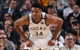 MILWAUKEE, WI - JANUARY 16: Giannis Antetokounmpo #34 of the Milwaukee Bucks looks on during the game against the Boston Celtics on January 16, 2020 at the Fiserv Forum Center in Milwaukee, Wisconsin. NOTE TO USER: User expressly acknowledges and agrees that, by downloading and or using this Photograph, user is consenting to the terms and conditions of the Getty Images License Agreement. Mandatory Copyright Notice: Copyright 2020 NBAE (Photo by Gary Dineen/NBAE via Getty Images).