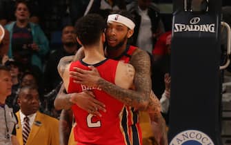 NEW ORLEANS, LA - JANUARY 16: Lonzo Ball #2 and Brandon Ingram #14 of the New Orleans Pelicans hug after a game against the Utah Jazz on January 16, 2020 at the Smoothie King Center in New Orleans, Louisiana. NOTE TO USER: User expressly acknowledges and agrees that, by downloading and or using this Photograph, user is consenting to the terms and conditions of the Getty Images License Agreement. Mandatory Copyright Notice: Copyright 2020 NBAE (Photo by Layne Murdoch Jr./NBAE via Getty Images)