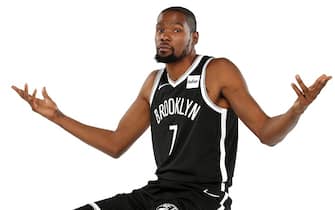 BROOKLYN, NY - SEPTEMBER 27: Kevin Durant #7 of the Brooklyn Nets poses for a portrait during media day on September 27, 2019 at the HSS Training Center in Brooklyn, New York. NOTE TO USER: User expressly acknowledges and agrees that, by downloading and/or using this photograph, user is consenting to the terms and conditions of the Getty Images License Agreement. Mandatory Copyright Notice: Copyright 2019 NBAE (Photo by Nathaniel S. Butler/NBAE via Getty Images)