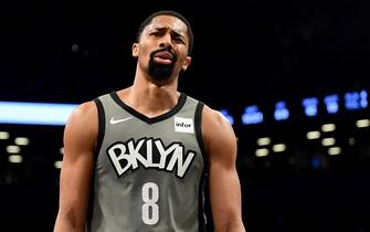NEW YORK, NEW YORK - NOVEMBER 18: Spencer Dinwiddie #8 of the Brooklyn Nets reacts during the first half against the Indiana Pacers at Barclays Center on November 18, 2019 in the Brooklyn borough of New York City. NOTE TO USER: User expressly acknowledges and agrees that, by downloading and or using this Photograph, user is consenting to the terms and conditions of the Getty Images License Agreement. (Photo by Emilee Chinn/Getty Images)