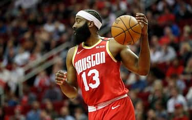 HOUSTON, TEXAS - JANUARY 03: James Harden #13 of the Houston Rockets dribbles the ball in the first half against the Philadelphia 76ers at Toyota Center on January 03, 2020 in Houston, Texas. NOTE TO USER: User expressly acknowledges and agrees that, by downloading and or using this photograph, User is consenting to the terms and conditions of the Getty Images License Agreement. (Photo by Tim Warner/Getty Images) (Photo by Tim Warner/Getty Images)