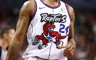 TORONTO, ON - DECEMBER 11:  Logo on the jersey worn by Norman Powell #24 of the Toronto Raptors during the second half of an NBA game against the Los Angeles Clippers at Scotiabank Arena on December 11, 2019 in Toronto, Canada.  NOTE TO USER: User expressly acknowledges and agrees that, by downloading and or using this photograph, User is consenting to the terms and conditions of the Getty Images License Agreement.  (Photo by Vaughn Ridley/Getty Images)