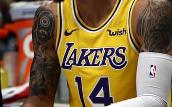 DALLAS, TEXAS - NOVEMBER 01:  The Los Angeles Lakers jersey of Danny Green #14 at American Airlines Center on November 01, 2019 in Dallas, Texas.  NOTE TO USER: User expressly acknowledges and agrees that, by downloading and or using this photograph, User is consenting to the terms and conditions of the Getty Images License Agreement. (Photo by Ronald Martinez/Getty Images)