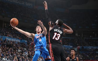 OKLAHOMA CITY, OK - JANUARY 17: Danilo Gallinari #8 of the Oklahoma City Thunder shoots the ball against the Miami Heat on January 17, 2020 at Chesapeake Energy Arena in Oklahoma City, Oklahoma. NOTE TO USER: User expressly acknowledges and agrees that, by downloading and or using this photograph, User is consenting to the terms and conditions of the Getty Images License Agreement. Mandatory Copyright Notice: Copyright 2020 NBAE (Photo by Zach Beeker/NBAE via Getty Images)