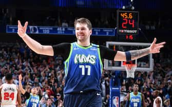 DALLAS, TX - JANUARY 17: Luka Doncic #77 of the Dallas Mavericks reacts during a game against the Portland Trail Blazers on January 17, 2020 at the American Airlines Center in Dallas, Texas. NOTE TO USER: User expressly acknowledges and agrees that, by downloading and or using this photograph, User is consenting to the terms and conditions of the Getty Images License Agreement. Mandatory Copyright Notice: Copyright 2020 NBAE (Photo by Glenn James/NBAE via Getty Images)