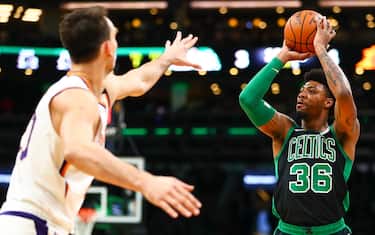 BOSTON, MA - JANUARY 18:  Marcus Smart #36 of the Boston Celtics shoots the ball during a game against the Phoenix Suns at TD Garden on January 18, 2020 in Boston, Massachusetts. NOTE TO USER: User expressly acknowledges and agrees that, by downloading and or using this photograph, User is consenting to the terms and conditions of the Getty Images License Agreement. (Photo by Adam Glanzman/Getty Images)