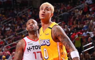 HOUSTON, TX - JANUARY 18 : PJ Tucker #17 of the Houston Rockets and Kyle Kuzma #0 of the Los Angeles Lakers look on during the game on January 18, 2020 at the Toyota Center in Houston, Texas. NOTE TO USER: User expressly acknowledges and agrees that, by downloading and or using this photograph, User is consenting to the terms and conditions of the Getty Images License Agreement. Mandatory Copyright Notice: Copyright 2020 NBAE (Photo by Bill Baptist/NBAE via Getty Images)