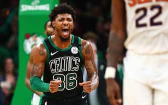BOSTON, MA - JANUARY 18:  Marcus Smart #36 of the Boston Celtics reacts after hitting a three-point shot during a game against the Phoenix Suns at TD Garden on January 18, 2020 in Boston, Massachusetts. NOTE TO USER: User expressly acknowledges and agrees that, by downloading and or using this photograph, User is consenting to the terms and conditions of the Getty Images License Agreement. (Photo by Adam Glanzman/Getty Images)