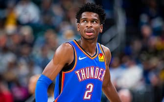 OKLAHOMA CITY, OK - NOVEMBER 12: Shai Gilgeous-Alexander #2 of the Oklahoma City Thunder looks on during the game against the Indiana Pacers on November 12, 2019 at Chesapeake Energy Arena in Oklahoma City, Oklahoma. NOTE TO USER: User expressly acknowledges and agrees that, by downloading and or using this photograph, User is consenting to the terms and conditions of the Getty Images License Agreement. Mandatory Copyright Notice: Copyright 2020 NBAE (Photo by Zach Beeker/NBAE via Getty Images)