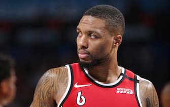 OKLAHOMA CITY, OK - JANUARY 18: Damian Lillard #0 of the Portland Trail Blazers looks on during the game against the Oklahoma City Thunder on January 18, 2020 at Chesapeake Energy Arena in Oklahoma City, Oklahoma. NOTE TO USER: User expressly acknowledges and agrees that, by downloading and or using this photograph, User is consenting to the terms and conditions of the Getty Images License Agreement. Mandatory Copyright Notice: Copyright 2020 NBAE (Photo by Zach Beeker/NBAE via Getty Images)