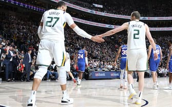 SALT LAKE CITY, UT - JANUARY 18: Rudy Gobert #27 and Joe Ingles #2 of the Utah Jazz hi-five during the game against the Sacramento Kings on January 18, 2020 at vivint.SmartHome Arena in Salt Lake City, Utah. NOTE TO USER: User expressly acknowledges and agrees that, by downloading and or using this Photograph, User is consenting to the terms and conditions of the Getty Images License Agreement. Mandatory Copyright Notice: Copyright 2020 NBAE (Photo by Melissa Majchrzak/NBAE via Getty Images)