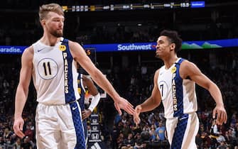 DENVER, CO - JANUARY 19: Domantas Sabonis #11 and Malcolm Brogdon #7 of the Indiana Pacers hi-five during the game against the Denver Nuggets on January 19, 2020 at the Pepsi Center in Denver, Colorado. NOTE TO USER: User expressly acknowledges and agrees that, by downloading and/or using this Photograph, user is consenting to the terms and conditions of the Getty Images License Agreement. Mandatory Copyright Notice: Copyright 2020 NBAE (Photo by Bart Young/NBAE via Getty Images)