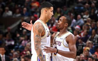 1186535752 SALT LAKE CITY, UT - DECEMBER 4: Kyle Kuzma #0 of the Los Angeles Lakers shares a conversation with teammate, Rajon Rondo #9 during the game against the Utah Jazz on December 4, 2019 at vivint.SmartHome Arena in Salt Lake City, Utah. NOTE TO USER: User expressly acknowledges and agrees that, by downloading and or using this Photograph, User is consenting to the terms and conditions of the Getty Images License Agreement. Mandatory Copyright Notice: Copyright 2019 NBAE (Photo by Garrett Ellwood/NBAE via Getty Images)