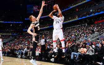 1194933405 ATLANTA, GA - JANUARY 20: Norman Powell #24 of the Toronto Raptors shoots the ball against the Atlanta Hawks on January 20, 2020 at State Farm Arena in Atlanta, Georgia. NOTE TO USER: User expressly acknowledges and agrees that, by downloading and/or using this Photograph, user is consenting to the terms and conditions of the Getty Images License Agreement. Mandatory Copyright Notice: Copyright 2020 NBAE (Photo by Scott Cunningham/NBAE via Getty Images)