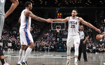 BROOKLYN, NY - JANUARY 20: Mike Scott #1 of the Philadelphia 76ers high-fives Ben Simmons #25 of the Philadelphia 76ers against the Brooklyn Nets on January 20, 2020 at Barclays Center in Brooklyn, New York. NOTE TO USER: User expressly acknowledges and agrees that, by downloading and or using this Photograph, user is consenting to the terms and conditions of the Getty Images License Agreement. Mandatory Copyright Notice: Copyright 2020 NBAE (Photo by Nathaniel S. Butler/NBAE via Getty Images)