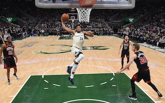 MILWAUKEE, WISCONSIN - JANUARY 20:  Giannis Antetokounmpo #34 of the Milwaukee Bucks dunks against the Chicago Bulls during the second half of a game at Fiserv Forum on January 20, 2020 in Milwaukee, Wisconsin. NOTE TO USER: User expressly acknowledges and agrees that, by downloading and or using this photograph, User is consenting to the terms and conditions of the Getty Images License Agreement. (Photo by Stacy Revere/Getty Images)