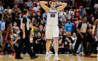 MIAMI, FLORIDA - JANUARY 20:  Nemanja Bjelica #88 of the Sacramento Kings reacts against the Miami Heat in overtime at American Airlines Arena on January 20, 2020 in Miami, Florida. NOTE TO USER: User expressly acknowledges and agrees that, by downloading and/or using this photograph, user is consenting to the terms and conditions of the Getty Images License Agreement.  (Photo by Michael Reaves/Getty Images)
