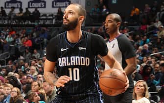CHARLOTTE, NC - JANUARY 20: Evan Fournier #10 of the Orlando Magic handles the ball against the Charlotte Hornets on January 20, 2020 at Spectrum Center in Charlotte, North Carolina. NOTE TO USER: User expressly acknowledges and agrees that, by downloading and or using this photograph, User is consenting to the terms and conditions of the Getty Images License Agreement. Mandatory Copyright Notice: Copyright 2020 NBAE (Photo by Kent Smith/NBAE via Getty Images)