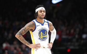 PORTLAND, OREGON - JANUARY 20: D'Angelo Russell #0 of the Golden State Warriors looks on  in the second quarter against the Portland Trail Blazers at Moda Center on January 20, 2020 in Portland, Oregon. NOTE TO USER: User expressly acknowledges and agrees that, by downloading and or using this photograph, User is consenting to the terms and conditions of the Getty Images License Agreement (Photo by Abbie Parr/Getty Images)  (Photo by Abbie Parr/Getty Images)
