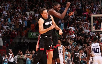 MIAMI, FL - JANUARY 20: Goran Dragic #7 of the Miami Heat and Bam Adebayo #13 of the Miami Heat reacts to play against the Sacramento Kings on January 20, 2020 at American Airlines Arena in Miami, Florida. NOTE TO USER: User expressly acknowledges and agrees that, by downloading and or using this Photograph, user is consenting to the terms and conditions of the Getty Images License Agreement. Mandatory Copyright Notice: Copyright 2020 NBAE (Photo by Issac Baldizon/NBAE via Getty Images)