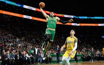BOSTON, MA - JANUARY 20: Jayson Tatum #0 of the Boston Celtics drives to the basket during the game against the Los Angeles Lakers on January 20, 2020 at the TD Garden in Boston, Massachusetts.  NOTE TO USER: User expressly acknowledges and agrees that, by downloading and or using this photograph, User is consenting to the terms and conditions of the Getty Images License Agreement. Mandatory Copyright Notice: Copyright 2020 NBAE  (Photo by Brian Babineau/NBAE via Getty Images) 