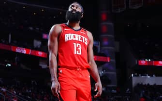 HOUSTON, TX - JANUARY 20:  James Harden #13 of the Houston Rockets looks on during the game against the Oklahoma City Thunder on January 20, 2020 at the Toyota Center in Houston, Texas. NOTE TO USER: User expressly acknowledges and agrees that, by downloading and or using this photograph, User is consenting to the terms and conditions of the Getty Images License Agreement. Mandatory Copyright Notice: Copyright 2020 NBAE (Photo by Cato Cataldo/NBAE via Getty Images)