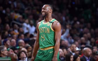 BOSTON, MA - JANUARY 20: Kemba Walker #8 of the Boston Celtics smiles during the game against the Los Angeles Lakers on January 20, 2020 at the TD Garden in Boston, Massachusetts.  NOTE TO USER: User expressly acknowledges and agrees that, by downloading and or using this photograph, User is consenting to the terms and conditions of the Getty Images License Agreement. Mandatory Copyright Notice: Copyright 2020 NBAE  (Photo by Brian Babineau/NBAE via Getty Images)