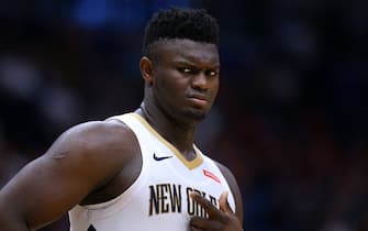 NEW ORLEANS, LOUISIANA - OCTOBER 11: Zion Williamson #1 of the New Orleans Pelicans reacts during a game against the Utah Jazz at the Smoothie King Center on October 11, 2019 in New Orleans, Louisiana. NOTE TO USER: User expressly acknowledges and agrees that, by downloading and or using this Photograph, user is consenting to the terms and conditions of the Getty Images License Agreement.  (Photo by Jonathan Bachman/Getty Images)