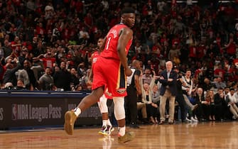 NEW ORLEANS, LA - JANUARY 22: Zion Williamson #1 of the New Orleans Pelicans reacts to play against the San Antonio Spurs on January 22, 2020 at the Smoothie King Center in New Orleans, Louisiana. NOTE TO USER: User expressly acknowledges and agrees that, by downloading and or using this Photograph, user is consenting to the terms and conditions of the Getty Images License Agreement. Mandatory Copyright Notice: Copyright 2020 NBAE (Photo by Layne Murdoch Jr./NBAE via Getty Images)