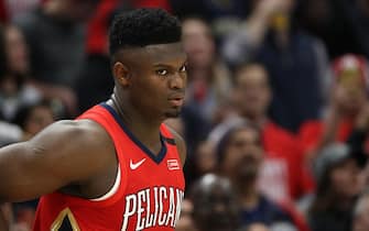 NEW ORLEANS, LOUISIANA - JANUARY 22: Zion Williamson #1 of the New Orleans Pelicans is introduced prior to playing the San Antonio Spurs at Smoothie King Center on January 22, 2020 in New Orleans, Louisiana. NOTE TO USER: User expressly acknowledges and agrees that, by downloading and/or using this photograph, user is consenting to the terms and conditions of the Getty Images License Agreement.   (Photo by Chris Graythen/Getty Images)