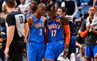 ORLANDO, FL - JANUARY 22: Chris Paul #3 and Dennis Schroder #17 of the Oklahoma City Thunder talk during the game against the Orlando Magic on January 22, 2020 at Amway Center in Orlando, Florida. NOTE TO USER: User expressly acknowledges and agrees that, by downloading and or using this photograph, User is consenting to the terms and conditions of the Getty Images License Agreement. Mandatory Copyright Notice: Copyright 2020 NBAE (Photo by Fernando Medina/NBAE via Getty Images)