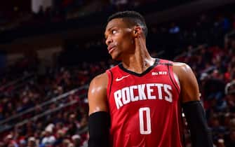 HOUSTON, TX - JANUARY 22: Russell Westbrook #0 of the Houston Rockets looks on during a game against the Denver Nuggets  on January 22, 2020 at the Toyota Center in Houston, Texas. NOTE TO USER: User expressly acknowledges and agrees that, by downloading and or using this photograph, User is consenting to the terms and conditions of the Getty Images License Agreement. Mandatory Copyright Notice: Copyright 2020 NBAE (Photo by Cato Cataldo/NBAE via Getty Images)