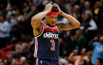 MIAMI, FLORIDA - JANUARY 22:  Bradley Beal #3 of the Washington Wizards reacts after missing a three pointer against the Miami Heat in the closing seconds of overtime at American Airlines Arena on January 22, 2020 in Miami, Florida. NOTE TO USER: User expressly acknowledges and agrees that, by downloading and/or using this photograph, user is consenting to the terms and conditions of the Getty Images License Agreement.  (Photo by Michael Reaves/Getty Images)