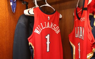 1195339786 NEW ORLEANS, LA - JANUARY 22: Generic photo of Zion Williamson #1 of the New Orleans Pelicans locker before the game on January 22, 2020 at the Smoothie King Center in New Orleans, Louisiana. NOTE TO USER: User expressly acknowledges and agrees that, by downloading and or using this Photograph, user is consenting to the terms and conditions of the Getty Images License Agreement. Mandatory Copyright Notice: Copyright 2020 NBAE (Photo by Layne Murdoch Jr./NBAE via Getty Images)