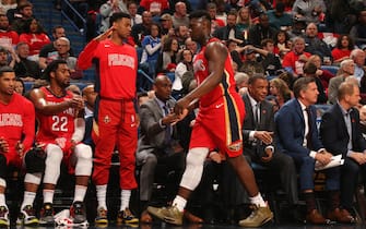 1195365976 NEW ORLEANS, LA - JANUARY 22: Zion Williamson #1 of the New Orleans Pelicans high-fives teammates during the game against the San Antonio Spurs on January 22, 2020 at the Smoothie King Center in New Orleans, Louisiana. NOTE TO USER: User expressly acknowledges and agrees that, by downloading and or using this Photograph, user is consenting to the terms and conditions of the Getty Images License Agreement. Mandatory Copyright Notice: Copyright 2020 NBAE (Photo by Layne Murdoch Jr./NBAE via Getty Images)