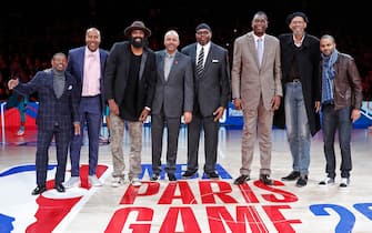 PARIS, FRANCE - JANUARY 24: NBA Legends, Muggsy Bogues, Bruce Bowen, Ronny Turiaf, Dell Curry, Sam Perkins, Dikembe Mutombo, Kareem Abdul-Jabbar and Tony Parker pose for a photo during the Milwaukee Bucks game against the Charlotte Hornets as part of NBA Paris Games 2020 on January 24, 2020 in Paris, France at the AccorHotels Arena. NOTE TO USER: User expressly acknowledges and agrees that, by downloading and/or using this Photograph, user is consenting to the terms and conditions of the Getty Images License Agreement. Mandatory Copyright Notice: Copyright 2020 NBAE (Photo by Catherine Steenkeste/NBAE via Getty Images)