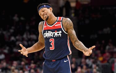 CLEVELAND, OHIO - JANUARY 23: Bradley Beal #3 of the Washington Wizards reacts as he talks with teammates on the bench during the second half against the Cleveland Cavaliers at Rocket Mortgage Fieldhouse on January 23, 2020 in Cleveland, Ohio. The Wizards defeated the Cavaliers 124-112. NOTE TO USER: User expressly acknowledges and agrees that, by downloading and/or using this photograph, user is consenting to the terms and conditions of the Getty Images License Agreement. (Photo by Jason Miller/Getty Images)