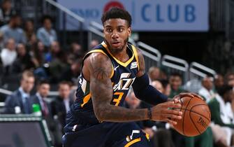 MILWAUKEE, WI - OCTOBER 9: Justin Wright-Foreman #3 of the Utah Jazz handles the ball against the Milwaukee Bucks on October 9, 2019 at the Fiserv Forum Center in Milwaukee, Wisconsin. NOTE TO USER: User expressly acknowledges and agrees that, by downloading and or using this Photograph, user is consenting to the terms and conditions of the Getty Images License Agreement. Mandatory Copyright Notice: Copyright 2019 NBAE (Photo by Gary Dineen/NBAE via Getty Images).