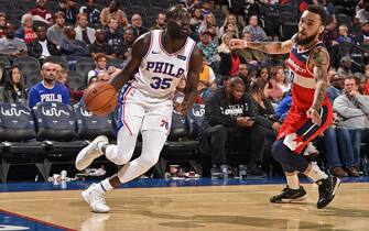PHILADELPHIA, PA - OCTOBER 18: Marial Shayok #35 of the Philadelphia 76ers handles the ball against the Washington Wizards during a pre-season game on October 18, 2019 at the Wells Fargo Center in Philadelphia, Pennsylvania. NOTE TO USER: User expressly acknowledges and agrees that, by downloading and/or using this Photograph, user is consenting to the terms and conditions of the Getty Images License Agreement. Mandatory Copyright Notice: Copyright 2019 NBAE (Photo by David Dow/NBAE via Getty Images)