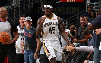 NEW ORLEANS, LA - October 11: Zylan Cheatham #45 of the New Orleans Pelicans celebrates after a play during a pre-season game against the Utah Jazz on October 11, 2019 at the Smoothie King Center in New Orleans, Louisiana. NOTE TO USER: User expressly acknowledges and agrees that, by downloading and or using this Photograph, user is consenting to the terms and conditions of the Getty Images License Agreement. Mandatory Copyright Notice: Copyright 2019 NBAE (Photo by Layne Murdoch Jr./NBAE via Getty Images)