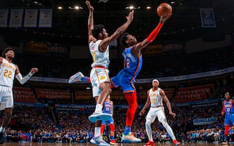 OKLAHOMA CITY, OK - JANUARY 24: Shai Gilgeous-Alexander #2 of the Oklahoma City Thunder shoots the ball against the Atlanta Hawks on January 24, 2020 at Chesapeake Energy Arena in Oklahoma City, Oklahoma. NOTE TO USER: User expressly acknowledges and agrees that, by downloading and or using this photograph, User is consenting to the terms and conditions of the Getty Images License Agreement. Mandatory Copyright Notice: Copyright 2020 NBAE (Photo by Zach Beeker/NBAE via Getty Images)