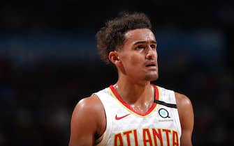 1195923702 OKLAHOMA CITY, OK - JANUARY 24: Trae Young #11 of the Atlanta Hawks looks on during the game against the Oklahoma City Thunder on January 24, 2020 at Chesapeake Energy Arena in Oklahoma City, Oklahoma. NOTE TO USER: User expressly acknowledges and agrees that, by downloading and or using this photograph, User is consenting to the terms and conditions of the Getty Images License Agreement. Mandatory Copyright Notice: Copyright 2020 NBAE (Photo by Zach Beeker/NBAE via Getty Images)