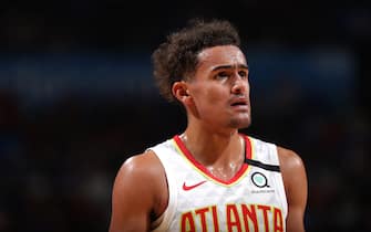 OKLAHOMA CITY, OK - JANUARY 24: Trae Young #11 of the Atlanta Hawks looks on during the game against the Oklahoma City Thunder on January 24, 2020 at Chesapeake Energy Arena in Oklahoma City, Oklahoma. NOTE TO USER: User expressly acknowledges and agrees that, by downloading and or using this photograph, User is consenting to the terms and conditions of the Getty Images License Agreement. Mandatory Copyright Notice: Copyright 2020 NBAE (Photo by Zach Beeker/NBAE via Getty Images)