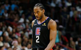 MIAMI, FLORIDA - JANUARY 24:  Kawhi Leonard #2 of the LA Clippers looks on against the Miami Heat during the second half at American Airlines Arena on January 24, 2020 in Miami, Florida. NOTE TO USER: User expressly acknowledges and agrees that, by downloading and/or using this photograph, user is consenting to the terms and conditions of the Getty Images License Agreement.  (Photo by Michael Reaves/Getty Images)
