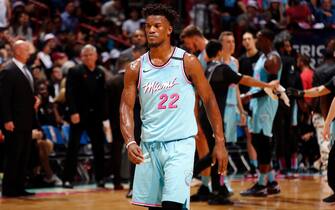 MIAMI, FL - JANUARY 24: Jimmy Butler #22 of the Miami Heat looks on during the game against the LA Clippers on January 24, 2020 at American Airlines Arena in Miami, Florida. NOTE TO USER: User expressly acknowledges and agrees that, by downloading and or using this Photograph, user is consenting to the terms and conditions of the Getty Images License Agreement. Mandatory Copyright Notice: Copyright 2020 NBAE (Photo by Oscar Baldizon/NBAE via Getty Images)