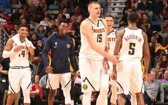 NEW ORLEANS, LA - JANUARY 24: The Denver Nuggets react during a game against the New Orleans Pelicans on January 24, 2020 at Smoothie King Center in New Orleans, Louisiana. NOTE TO USER: User expressly acknowledges and agrees that, by downloading and/or using this photograph, User is consenting to the terms and conditions of the Getty Images License Agreement. Mandatory Copyright Notice: Copyright 2020 NBAE (Photo by Layne Murdoch Jr./NBAE via Getty Images)