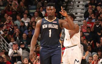 NEW ORLEANS, LA - JANUARY 24: Zion Williamson #1 of the New Orleans Pelicans reacts during a game against the Denver Nuggets on January 24, 2020 at Smoothie King Center in New Orleans, Louisiana. NOTE TO USER: User expressly acknowledges and agrees that, by downloading and/or using this photograph, User is consenting to the terms and conditions of the Getty Images License Agreement. Mandatory Copyright Notice: Copyright 2020 NBAE (Photo by Layne Murdoch Jr./NBAE via Getty Images)