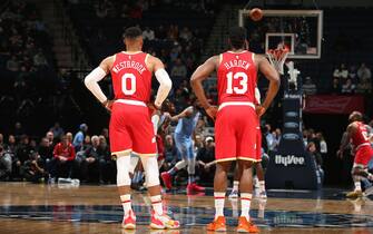 MINNEAPOLIS, MN -  JANUARY 24: Russell Westbrook #0 of the Houston Rockets and James Harden #13 of the Houston Rockets looks on during the game against the Minnesota Timberwolves on January 24, 2020 at Target Center in Minneapolis, Minnesota. NOTE TO USER: User expressly acknowledges and agrees that, by downloading and or using this Photograph, user is consenting to the terms and conditions of the Getty Images License Agreement. Mandatory Copyright Notice: Copyright 2020 NBAE (Photo by David Sherman/NBAE via Getty Images)