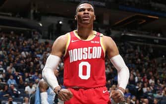 MINNEAPOLIS, MN -  JANUARY 24: Russell Westbrook #0 of the Houston Rockets reacts to play against the Minnesota Timberwolves on January 24, 2020 at Target Center in Minneapolis, Minnesota. NOTE TO USER: User expressly acknowledges and agrees that, by downloading and or using this Photograph, user is consenting to the terms and conditions of the Getty Images License Agreement. Mandatory Copyright Notice: Copyright 2020 NBAE (Photo by David Sherman/NBAE via Getty Images)